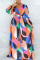 Multi-color Elegant Print Split Joint Frenulum Backless V Neck Long Sleeve Dresses