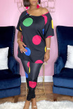 Black Casual Print Polka Dot Patchwork Slit O Neck Half Sleeve Two Pieces