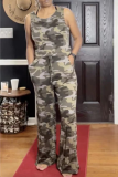 Yellow Casual Camouflage Print Split Joint U Neck Straight Jumpsuits