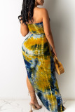Grass Yellow Casual Print Tie Dye Patchwork Asymmetrical Strapless Sleeveless Two Pieces