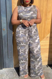 Blue Casual Camouflage Print Split Joint U Neck Straight Jumpsuits