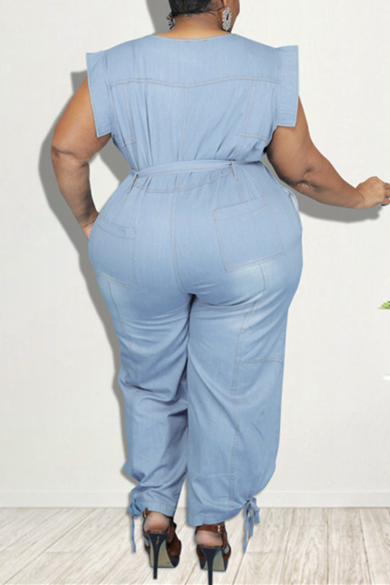 Pleated Chiffon Jumpsuit with Belt Sky Blue Plus Size