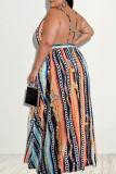Deep Blue Sexy Print Patchwork Backless Spaghetti Strap Straight Plus Size Dresses