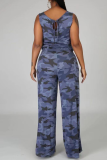 Yellow Casual Camouflage Print Split Joint U Neck Straight Jumpsuits
