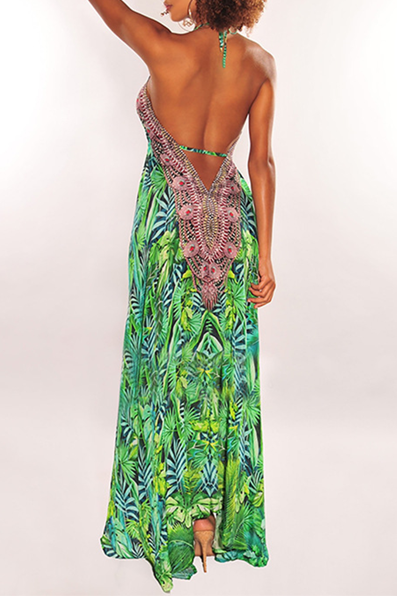 Wholesale Green Bohemian Print Patchwork Spaghetti Strap Irregular Dress Dresses K28522 1 Online 5936