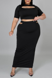 Black Sexy Solid Patchwork O Neck Pencil Skirt Plus Size Two Pieces