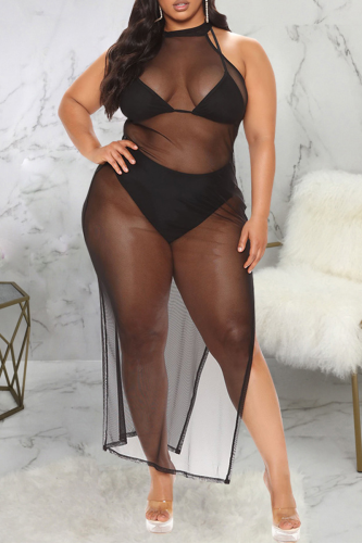 Black Sexy Solid Patchwork Mesh Swimwears Cover Up