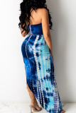 Blue Casual Print Tie Dye Patchwork Asymmetrical Strapless Sleeveless Two Pieces