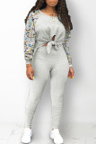Light Gray Street Print Bandage Hollowed Out Patchwork O Neck Long Sleeve Two Pieces