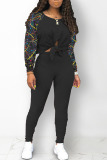 Black Street Print Bandage Hollowed Out Patchwork O Neck Long Sleeve Two Pieces