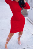 Red Sexy Solid Patchwork Half A Turtleneck Pencil Skirt Dresses