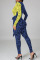 Blue Yellow Red Sexy Letter Print Patchwork V Neck Skinny Jumpsuits