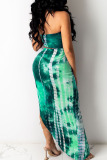 Green Casual Print Tie Dye Patchwork Asymmetrical Strapless Sleeveless Two Pieces