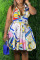 Multicolor Casual Print Patchwork Buttons Turndown Collar A Line Plus Size Dresses