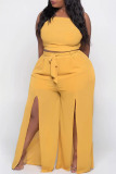 Yellow Casual Solid Bandage Patchwork Backless Slit Spaghetti Strap Plus Size Two Pieces