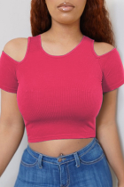 Red Sexy Solid Split Joint O Neck T-Shirts
