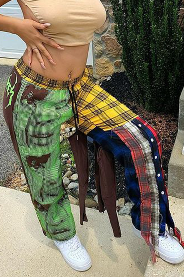 Green Casual Print Patchwork Straight Mid Waist Straight Full Print Bottoms
