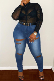 Black Fashion Casual Solid Ripped Without Belt Plus Size Jeans