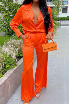 Orange Fashion Casual Solid Basic Turndown Collar Long Sleeve Two Pieces