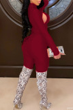 Burgundy Sexy Solid Hollowed Out Patchwork Half A Turtleneck Long Sleeve Two Pieces