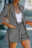 Black Casual Plaid Print Split Joint Turn-back Collar Long Sleeve Two Pieces