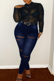 Deep Blue Fashion Casual Solid Ripped Without Belt Plus Size Jeans