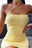 Yellow Fashion Sexy Solid Backless Strapless Sleeveless Dress
