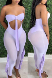 Light Purple Fashion Sexy Solid Hollowed Out Backless Strapless Skinny Jumpsuits