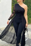 Black Sexy Solid Split Joint With Belt Mesh One Shoulder Straight Jumpsuits