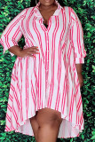 Pink Casual Striped Print Patchwork Buckle Turndown Collar Shirt Dress Plus Size Dresses