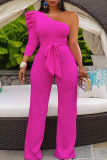 Rose Red Casual Solid Bandage Patchwork Fold Oblique Collar Straight Jumpsuits