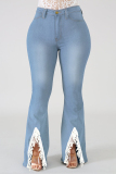 Blue Fashion Casual Solid Split Joint Slit Plus Size Jeans