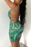 Green Sexy Print Patchwork Backless Spaghetti Strap Pencil Skirt Dresses