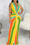 Yellow Casual Striped Split Joint V Neck Trumpet Mermaid Dresses
