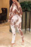 Brownness Casual Print Tie Dye Patchwork Backless Knotted O Neck Long Sleeve Two Pieces