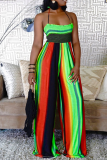 Rainbow Color Sexy Striped Patchwork Halter Loose Jumpsuits