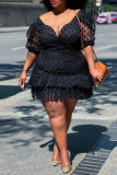 Black Fashion Sexy Plus Size Dot Split Joint Backless V Neck Short Sleeve Dress
