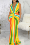 Yellow Casual Striped Split Joint V Neck Trumpet Mermaid Dresses