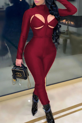 Burgundy Sexy Solid Hollowed Out Patchwork Half A Turtleneck Long Sleeve Two Pieces