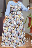 Blue Casual Print Split Joint O Neck Cake Skirt Plus Size Dresses