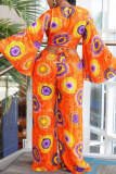 Tangerine Casual Print Patchwork V Neck Plus Size Two Pieces