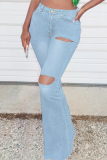 Blue Fashion Casual Solid Ripped High Waist Regular Jeans