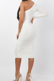 White Casual Solid Patchwork One Shoulder Pencil Skirt Dresses