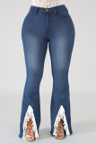 Deep Blue Fashion Casual Solid Split Joint Slit Plus Size Jeans