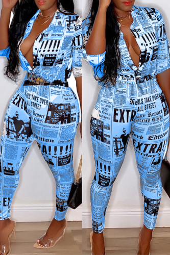 Blue Casual Print Patchwork Turndown Collar Long Sleeve Two Pieces