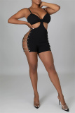 Black Sexy Solid Hollowed Out Chains Backless Zipper Spaghetti Strap Skinny Romper