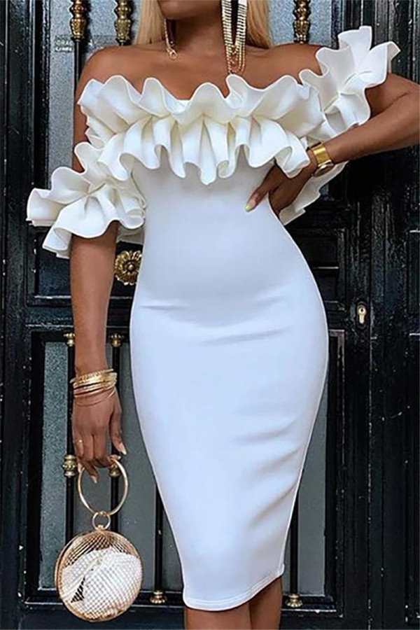 White Fashion Sexy Solid Color Off Shoulder Dress