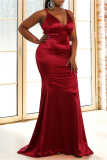 Red Fashion Sexy Plus Size Solid Backless Strap Design Spaghetti Strap Evening Dress