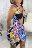 Multicolor Sexy Print Hollowed Out Halter Skinny Rompers