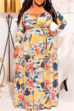 Pink Fashion Casual Plus Size Print With Belt V Neck Long Sleeve Dresses